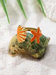 3pcs/Set Fashionable Starfish & Shell Design Adjustable Open Ring, Suitable For Beach Vacation - Multicolor - View 5