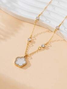 1 chiếc dây chuyền mặt hình cỏ ba lá lấp lánh cổ điển, đa năng, thiết kế ngọt ngào và may mắn, sản phẩm mới mùa hè dành cho nữ. - trắng - Xem 2