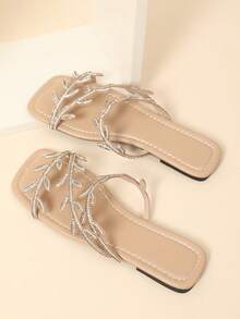 2025 Bling-Bling Glitter Cute H-Style Open Toe Breathable Shoes, Hollow-Out Full Of Double-Color Rhinestone Inlaid Starry Sky Versatile Elegant Luxury Wedding Party Event High-End Fashion Sexy Minimalist Style Suitable For Home Casual Slippers, Outdoor Walking Beach Vacation Romantic Date Women Flat Sandals,Summer Outfits - Apricot - View 4