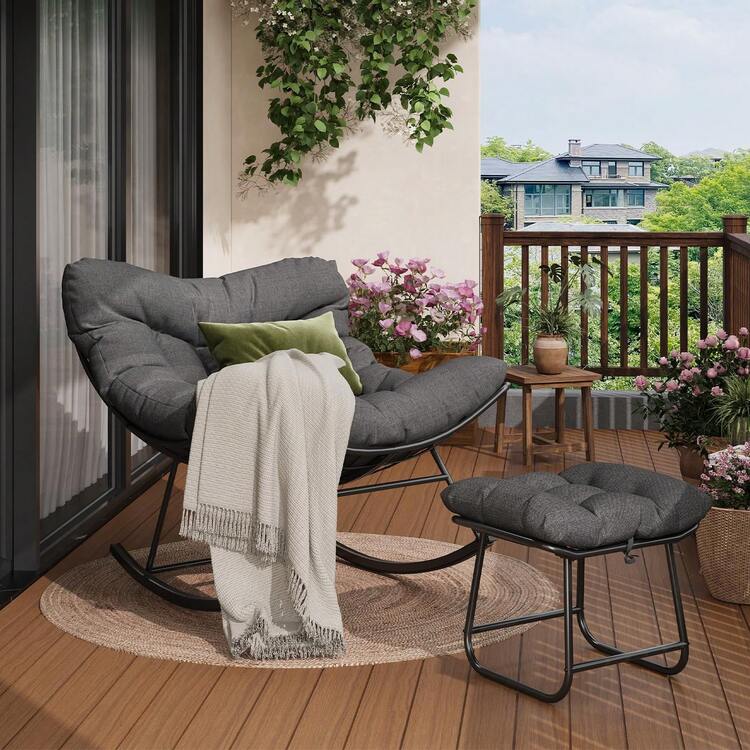 Techigher Outdoor Rocking Chair With Footstool, Oversized Patio Wicker Egg Chair With Thick And Removable Cushion, Metal Frame, Comfy Rocking Lounge Chairs For Living Room, Balcony, Yard & Porch - Grey 1 - View 9