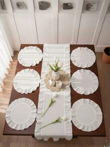 Ruffled 7-Piece Runner Set – 1 Piece Runner (40x140 Cm) – 6 Pieces Placemats (35 Cm) – Oval-Edged Design – Made In Turkey - White - View 3