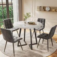Dining Room Set (5 Pieces), Modern Dining Room Set (With 4 Chairs), Kitchen Table And Chair Set, 80cm Diameter Round Kitchen Table With Black Metal Legs, White MDF Top And Dark Grey Velvet Chairs - Grey - View 1
