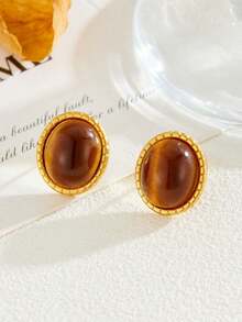 1pc 18K Gold-Plated Stainless Steel Twisted Oval Faux Cat's Eye Pendant Necklace/Earrings, Unique Luxury Design, Suitable For Women's Daily, Party, And Gift Giving - Brown - View 5