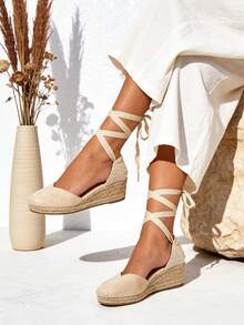 Comfortable Espadrille Wedge Sandals, Ideal For Everyday Wear, Holidays, And Work. Women's Low Wedge Shoes With Bohemian-Style Straps, Comfortable Jute Sandals Ideal For Everyday Wear, Holidays, Work, And Commuting. - 杏色 - 查看 1