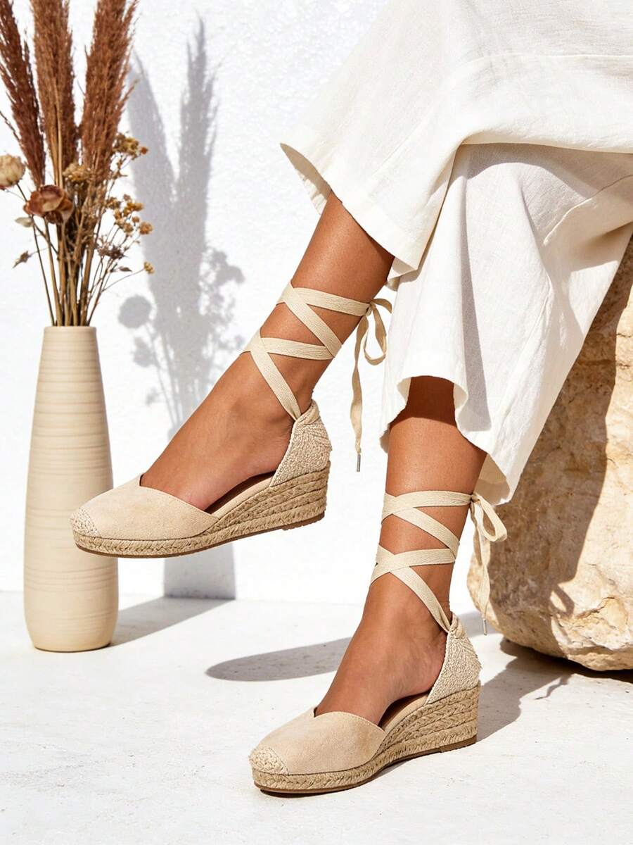 Comfortable Espadrille Wedge Sandals, Ideal For Everyday Wear, Holidays, And Work. Women's Low Wedge Shoes With Bohemian-Style Straps, Comfortable Jute Sandals Ideal For Everyday Wear, Holidays, Work, And Commuting. - 杏色 - 查看 1