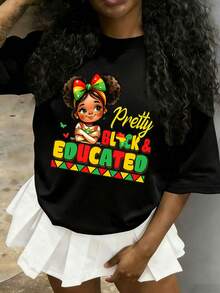 Girls & Teenagers Students Casual Printed Black Crew Neck Short Sleeve T-Shirt Top, Summer - 黑色2 - 查看 1