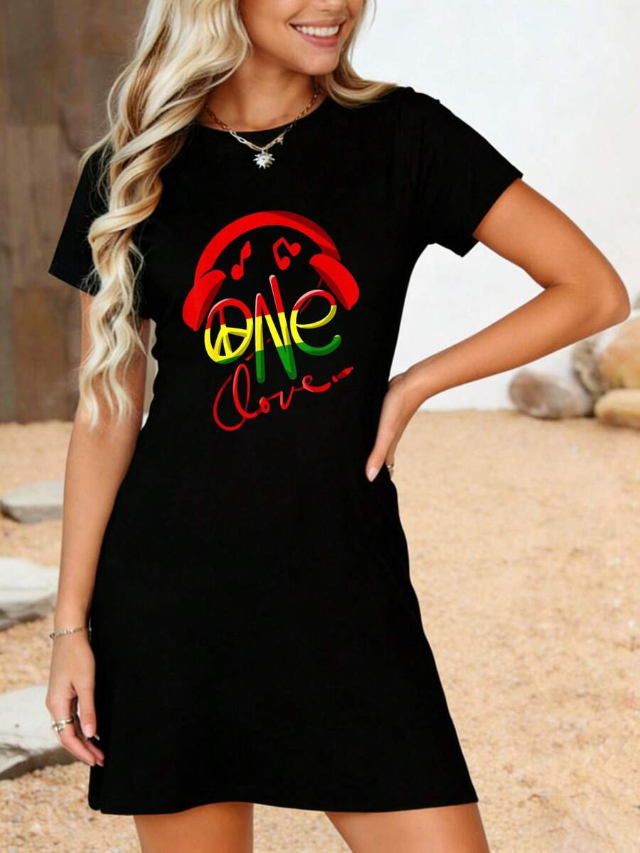 Jamaica One Love Reggae Caribbean Music Pride Flag Vibes T-Shirt Dress Vacation Outfits Women,Summer Outfits,Dresses For Women,Casual Summer Dress - 黑色 - 查看 1