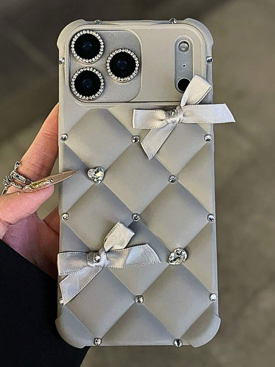菱形亮片蝴蝶结绗缝手机壳，兼容 17/15 Pro Max/13/14/12/11/16