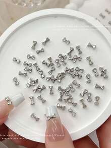 10pcs New Mini French Bow Zirconia Nail Art Decorations, Ultra Shiny 3D Silver Bow Zirconia Nail Jewelry Nail Charms - White - View 7