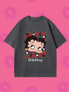 Whysmera SHEIN X Betty Boop Sommer Damen Kurzarm Retro Cartoon Grafik T-Shirt (Polka Dot Rote Lippen), süßer und cooler E-Girl Stil - Grau - Übersicht 1