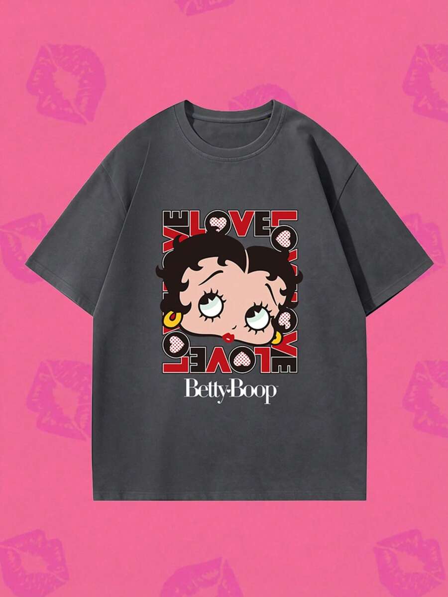 Whysmera SHEIN X Betty Boop Sommer Damen Kurzarm Retro Cartoon Grafik T-Shirt (Polka Dot Rote Lippen), süßer und cooler E-Girl Stil - Grau - Übersicht 1