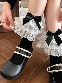 1双洛丽塔多层蕾丝法式中筒袜，白色/黑色蝴蝶结堆袜，芭蕾舞风格日式JK小腿袜 - 彩色 - 查看 2