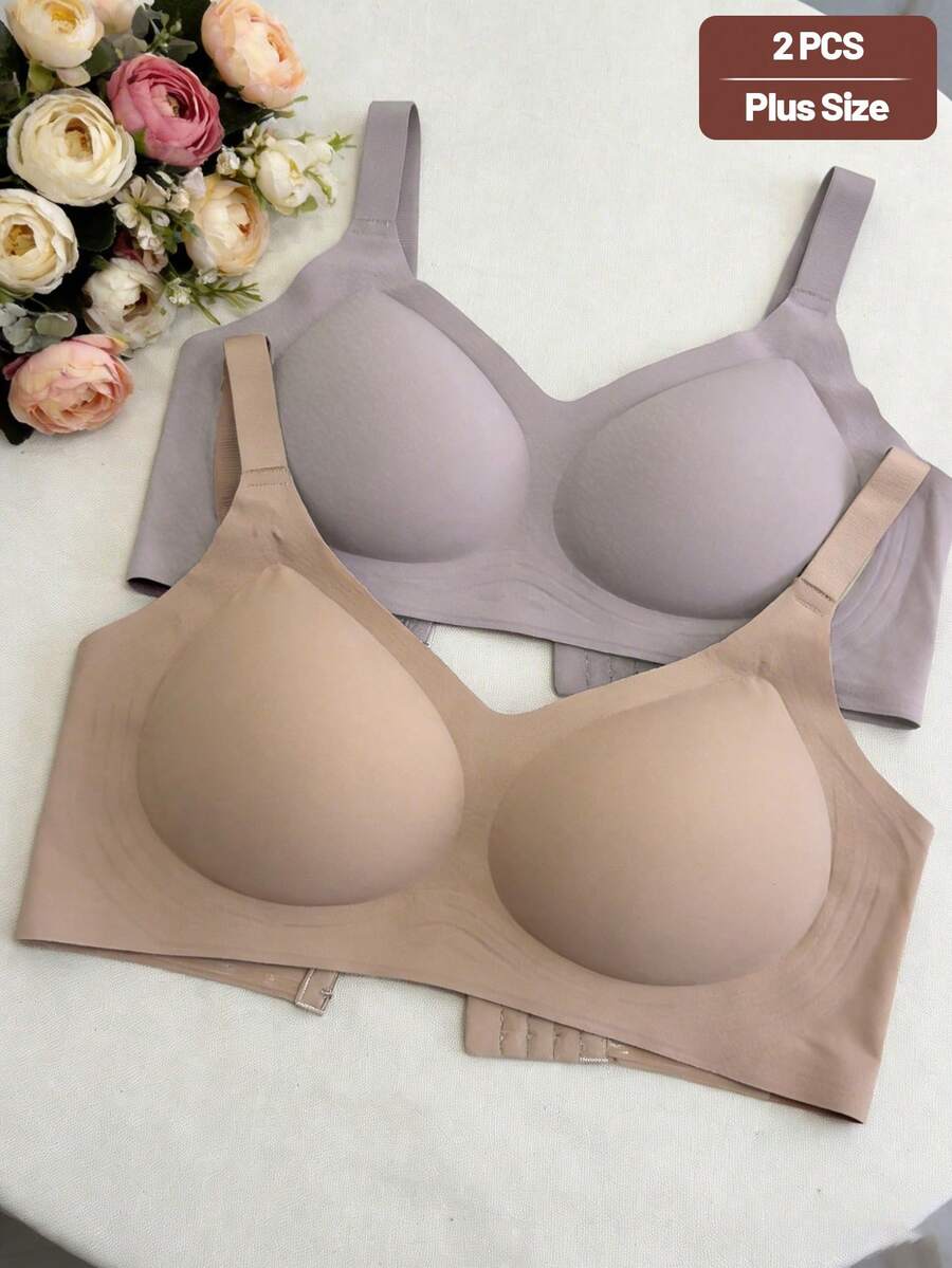 2pcs Plus Size Women Solid Color Minimalist Comfortable Non-Sagging Bras - Multicolor - View 1
