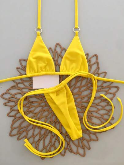 Women's Summer Beach Solid Color Halter Tie Sexy Bikini And Triangle Panty Swimsuit Set Vacation