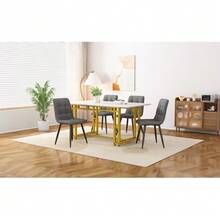 Gold Dining Table And Chairs Set (120 X 70 Cm), Modern Style, Dark Grey Linen Chairs, Gold Iron Legs. - Grey - View 2