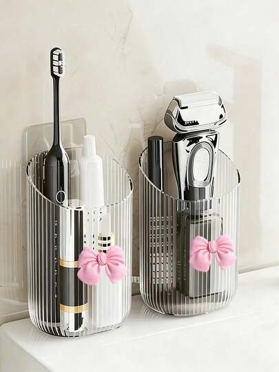 Wall-Mounted Organizer Cup Adorned With A Pink Bow- Multi Bathroom And Kitchen Storage, Waterproof Toothbrush Holder, Toothbrush Holder Wall Mounted, Toothbrush Wall Holder, Bathroom Accessory, Brush Holder Toothbrush, Tooth Brush Holder For Bathroom, Toothbrush & Toothpaste Holder, Toothbrush Holder Without Drilling, Toothbrush, Space-Saving Shelf, For Sink, Bathroom, Countertop Organizing