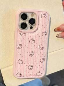 Sanrio 1个小众卡通可爱全幅线条点缀KT猫图标手机壳，适用于 17 Pro Max、Apple 17 Air、新款16 Pro Max/15 Pro、高端14 Pro，少女小众13/12/11防摔保护套 - 粉色 - 查看 3