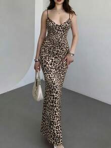 Đầm slip họa tiết da báo thắt nơ gợi cảm thời trang nữ, đầm dài thường ngày, trang phục đi nghỉ hè. - Màu nâu  Mocha - Xem 1