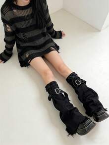 1 双 Y2K 哥特式牛仔布腿套，时尚朋克喇叭形抽绳过膝袜，十字设计，女士款 - 黑色 - 查看 10