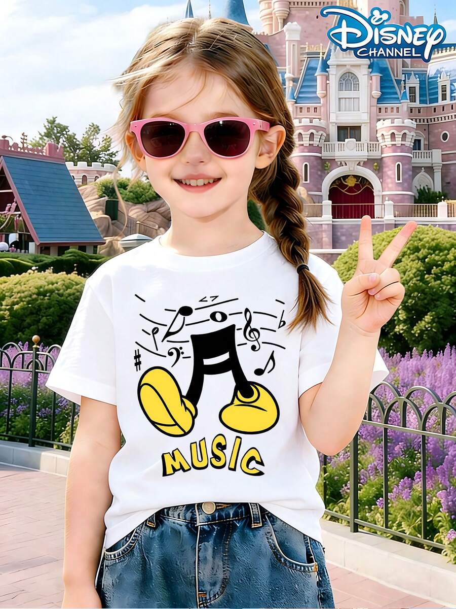 Disney Summer Tops, Music Print Graphic Tee, Perfect For Cute Girls. Teen Girl Gift,Comfortable And Breathable Children's Short-Sleeved T-Shirt. 180g Pure Cotton Children's Clothes,Suitable For Both Boys And Girls.Suitable For Daily Wear, Vacations, Outdoor Activities, And As A Children's Gift. - 白色 - 查看 1