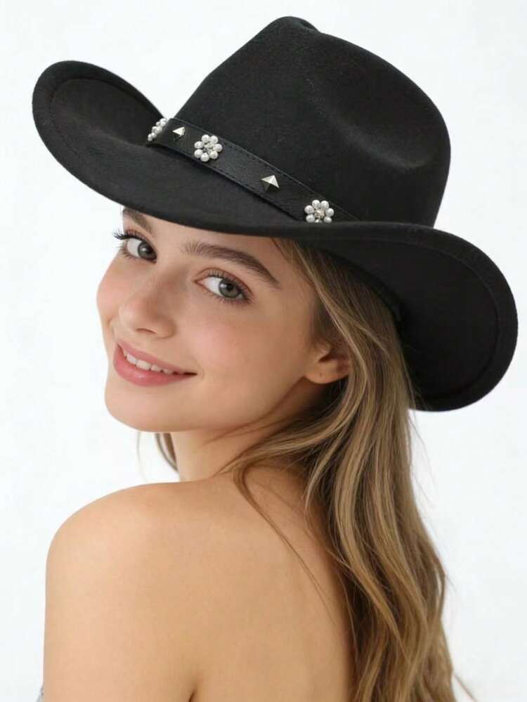 A Unisex Cowboy Top Hat With A Detachable Pearl Rivet Strap Is Fashionable And Versatile, Suitable For Both Men And Women. It Is Perfect For Outdoor Travel, Daily Wear, Horseback Riding, Parties, Music Festivals, Stage Performances And Cowboy Gatherings. It Is A Fashionable And Versatile Cowboy Style And An Outdoor Travel Hat, And Also An Excellent Gift Choice - Black Belt Pearl Rivet Hat - View 3