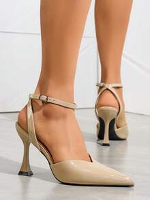 女士高跟鞋，时尚尖头镂空粗跟鞋，踝带套脚凉鞋，适合通勤和办公穿着 - 粉色 - 查看 15