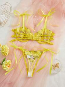 Women'S Sexy Lingerie Set With Double-Color Embroidered Lace Trim, Exotic And Very Sexy Underwear, Adult Novelty Wear, Mature Style, Random Print Pattern, Hollow Details, Lingerie Sets For Women, Lingerie Set With Garter, Exotic Bra, Purple Lingerie Set, Purple Lingerie - 黃色 - 查看 2