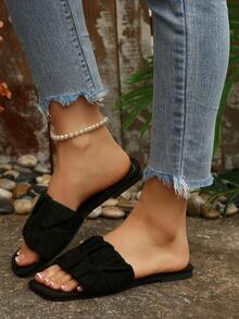 褶皱方头平底拖鞋，系带女士沙滩鞋，时尚夏季新款优雅休闲百搭女士平底拖鞋 - 黑色 - 查看 3