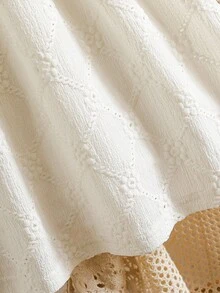 Young Girls' Elegant Summer Dress, Solid Color Jacquard Fabric, Bow Decor Puff Sleeves, Turndown Collar Button Half Placket, Lined, Casual Fashionable Sweet Girls' Dress, Suitable For Daily And Party Occasions - White - View 6