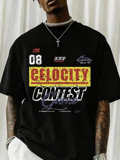 男士T恤，前后均有图案印花设计，轻薄短袖休闲运动T恤 - 弹力舒适，百搭时尚