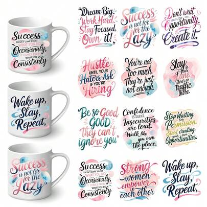 12pcs DIY UV DTF Transfer Compatible For Mugs, Car Windows, Tablets & Notebooks - Waterproof Motivational Quotes Iron-On Patches, Removable Vinyl (No Cup/Device Included) - Application For Glass, DIY