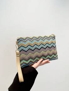 New Fashionable Spring/Summer Handheld File Folder Envelope Clutch, Casual Color Block Wavy Pattern Multi-Purpose Woven Colorful Envelope Bag For Women - Blue - View 6