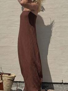 茧型连衣裙，纹理面料，优雅迷人，适合海滩、度假、休闲穿着，春夏皆宜。 - 咖啡棕 - 查看 3