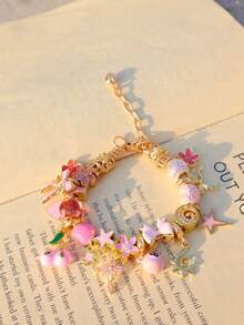 1pc Cute Pink Charm Bracelet, Cross Star Girl Bracelet, Pink Bow Heart Bracelet, Cherry 8 Ball Sakura Bracelet, Ramadan Sun Moon Bracelet - Gold - View 9