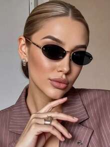 1副女士无框椭圆形金属镜腿时尚小框眼镜，适合日常佩戴 - 黑色 - 查看 1