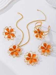 Bộ 5 món thời trang nữ kiểu dáng cổ điển phóng khoáng, họa tiết giọt dầu và hoa, gồm dây chuyền, bông tai, vòng tay và nhẫn, thích hợp cho tiệc tùng, dạ hội và mặc hàng ngày. - trái cam - Xem 3