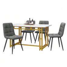 Gold Dining Table 120 X 70 Cm With 4 Matching Chairs, Modern Kitchen Table And Chair Set, Dark Grey Velvet Chairs, Table With Gold Iron Legs - Grey - View 3