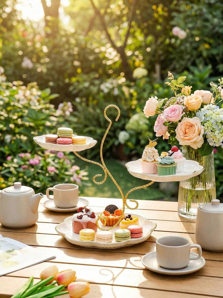 1 Set, Tree Branch Shaped Cake Stand Tray, 3-Tier European Style Fruit Plate Cake Stand, Plastic Snack Tray With Golden Rim For Afternoon Tea, Dessert Display - Multicolor - View 1