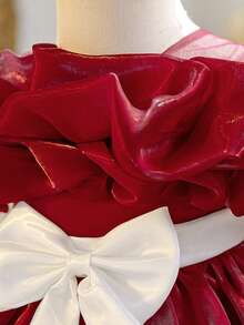 Baby Girls' Round Neck Contrast Bow Satin Cute Flower Girl Puffy Dress For Wedding, Birthday Party, Banquet, Excluding Headband - Burgundy - View 7