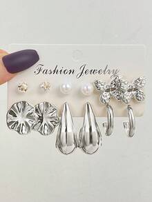 Set de 12 piezas de aretes en forma de C con diamantes de imitación y perlas 2026, diseño de lujo minimalista y único, adecuado para uso diario - Plateado - Ver 2