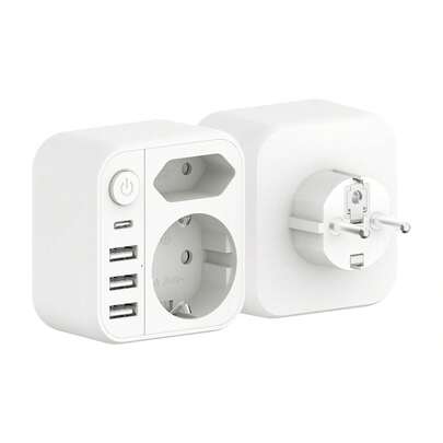 CILIA محول قابس سفر أوروبي 6 في 1 بقدرة 3680 واط، مع مقبس حائط أوروبي ومنفذ USB-C واحد و3 منافذ USB-A، محطة شحن محمولة مع مفتاح تشغيل