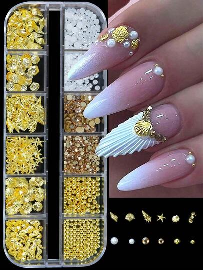 12格3D鱼子酱珠水钻海洋风美甲饰品套装 - 12种尺寸，包含合金贝壳、鲍鱼、海马、海星、海螺和珍珠珠子，适合女性和女孩DIY美甲装饰