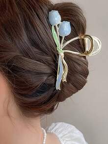 1个优雅郁金香发夹 | 金属鲨鱼夹，大容量，适合日常使用，可爱花朵造型设计 - 彩色 - 查看 1