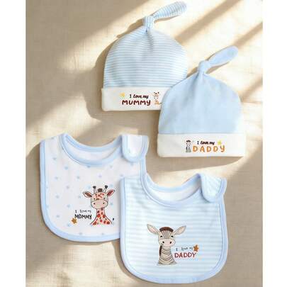 momscare Bộ 4 yếm và mũ cho bé, họa tiết hươu cao cổ, màu xanh dương, mũ chăm sóc trẻ sơ sinh, dùng được cho cả bé trai và bé gái.