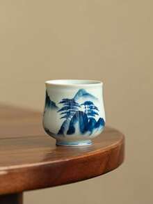 1个/2个/4个全新复古青瓷釉零钱包杯，陶瓷茶杯，功夫茶具，中式釉下彩绘青山图案个人主杯，客杯，适合赠送长辈、亲戚、老板。适合日常使用、聚会、派对。 - 彩色 - 查看 8