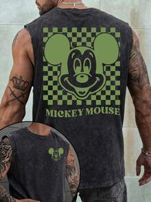 Disney Mickey Checkerboard Olive Green 230GSM Vintage Washed Streetwear Reversible Casual Tank Top - màu đen - Xem 1