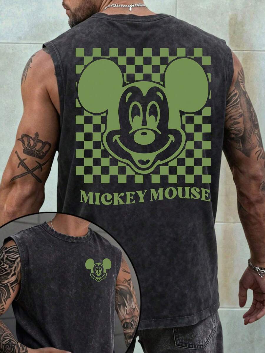 Disney Mickey Checkerboard Olive Green 230GSM Vintage Washed Streetwear Reversible Casual Tank Top - màu đen - Xem 1