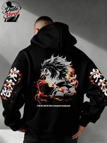 Japanese Anime This Stylish Anime-Themed Hoodie Features A Double-Sided Print And Is Made Of 250g Polyester. It Seamlessly Blends The Anime Character Tanhuolang With Fashionable Aesthetics, Creating A Naturally Beautiful And Cool Y2K Style – Simple Yet Creative. This Men's Casual Athletic Hoodie Is An Essential Long-Sleeved Item For Autumn And Winter. Affordable, Comfortable, And Unisex, It Makes A Perfect Gift For Men. Whether For Everyday Wear, Outdoor Activities, Or Street Style, It's An Ideal Choice And A Wonderful Gift For Friends And Family. - Black - View 2