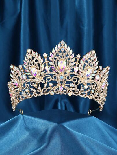 1pc Bride Gold-Color Rhinestone & Crystal Alloy Luxurious Crown Headpiece, Suitable For Wedding, Birthday, Party, Photo Shoot