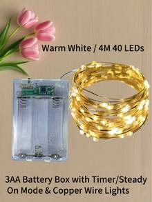 一套带定时器和常亮模式的LED仙女灯串，电池盒供电，可选2米/3米/4米/5米长度，20/30/40/50颗LED灯珠，浪漫温馨的装饰灯，适用于生日派对、婚礼、节日、圣诞节、家居、卧室、花园、室内外等各种场合，美观大方。 - 暖白色 - 查看 10